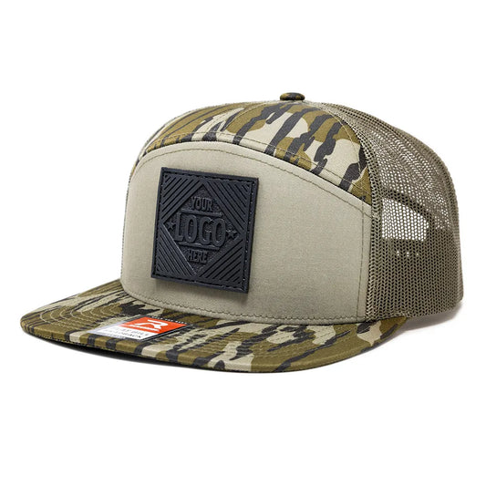 168-LP Richardson Seven Panel Leather Patch Pattern Trucker Cap